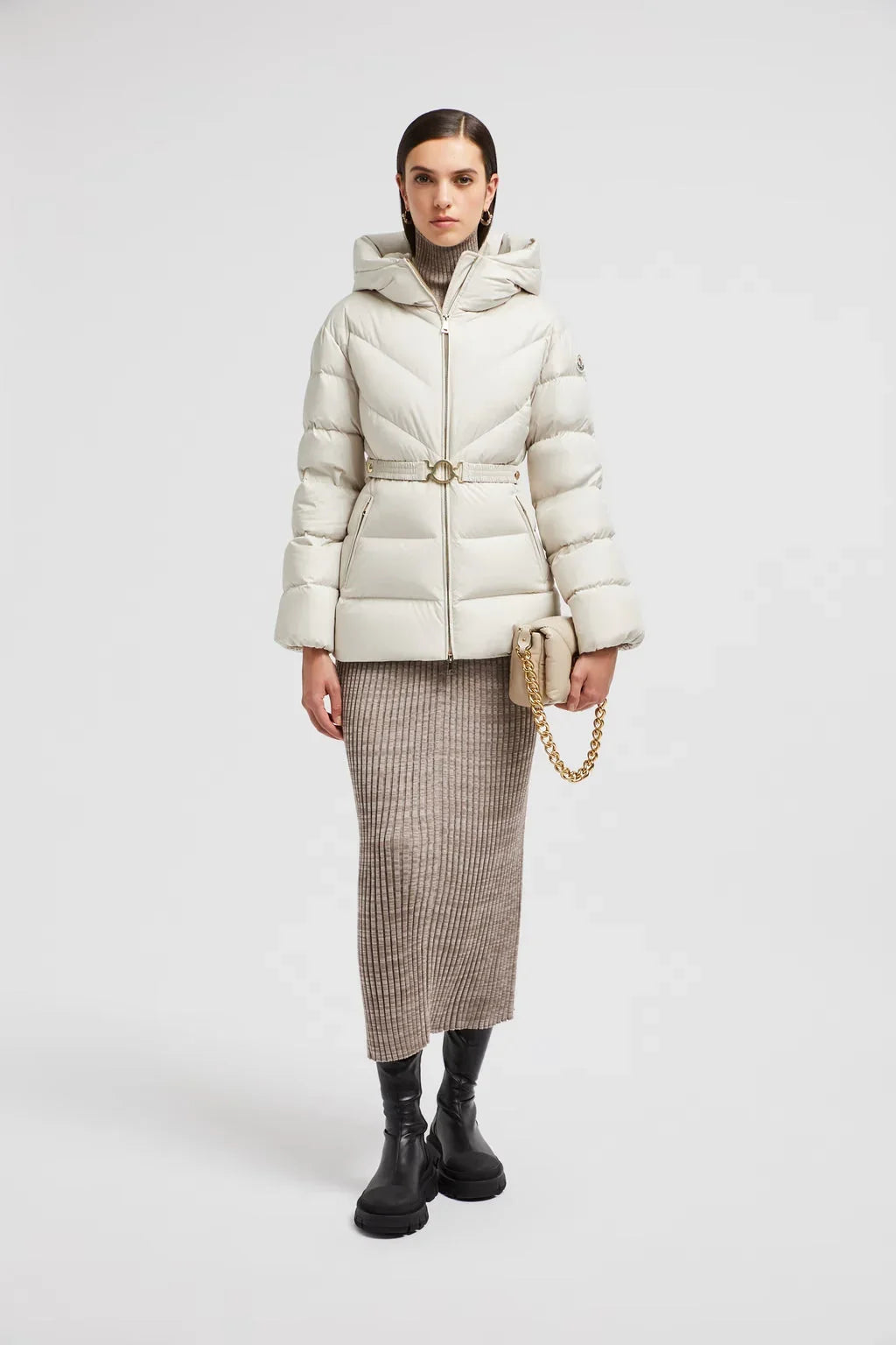 Doudoune courte Brosse à capuche et matelassage diagonal Moncler Blanc